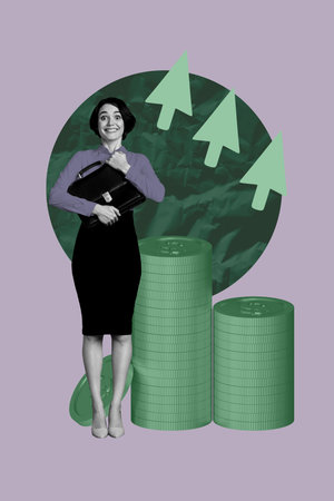 Vertical art banner collage of excited business girl hold briefcase receive usd capital salary transaction earnings successの写真素材