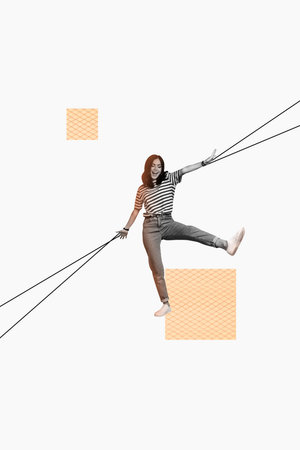 Vertical sketch 3d collage poster of happy carefree girl
