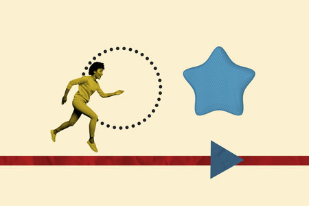 Composite 3D collage trend artwork template design of young lady walk aim star goal leadership success challenge purpose aim competitionの写真素材