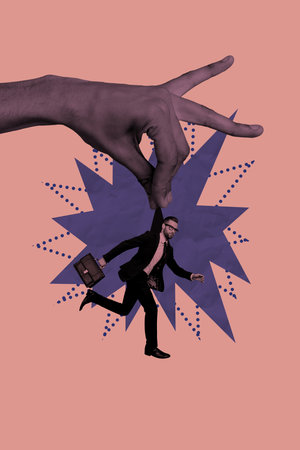 3D collage trend artwork composite sketch poster of huge hand hold young man formalwear carry human resources manager entrepreneur vacancyの写真素材