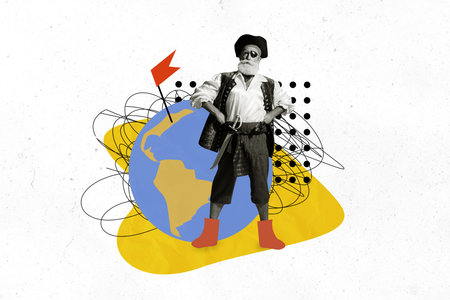 Composite art 3d creative image collage of serious old man pirate wear halloween costume stand earth map flagpole route treasureの写真素材
