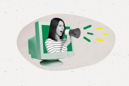 Composite art 3d creative collage of angry girl scream megaphone propaganda arrow peek monitorの写真素材