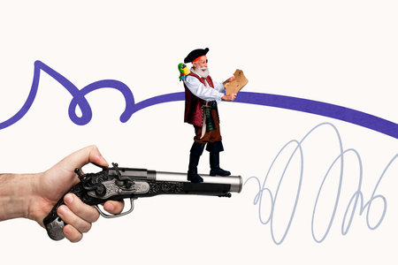 Contemporary art banner collage of happy old man pirate hold map treasure find hand gun doodle scribbleの写真素材