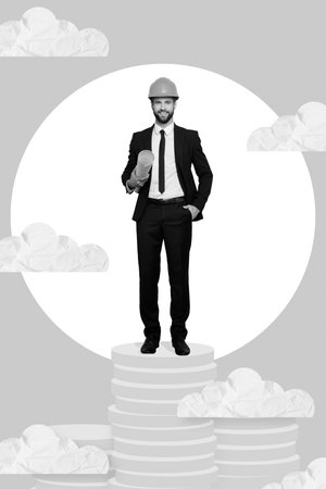 Vertical collage image of mini confident man stand huge pile stack money coins hold project plan isolated on painted backgroundの写真素材