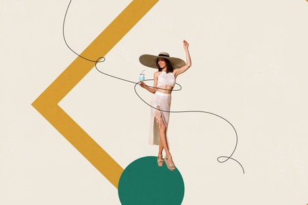 Creative sketch image art collage of happy glamour girl dance cocktail glass beverage enjoy weekend...