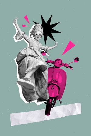 Trend image vertical photo collage of happy duchess girl dance retro vespa moped delivery service masquerade renaissanceの写真素材