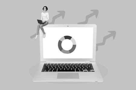 Collage photo of laptop screen display monitoring google diagram statistics manager assistant consult isolated on blue color backgroundの写真素材