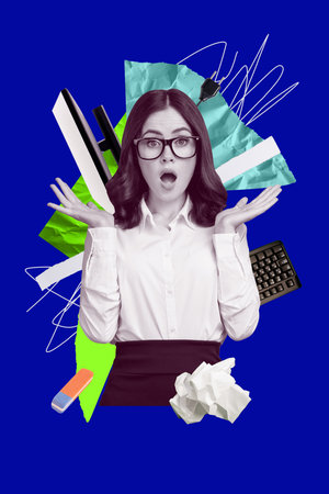 Composite 3D collage trend template design of shocked lady businesswoman office manager plug computer monitor keypad human resources jobの写真素材