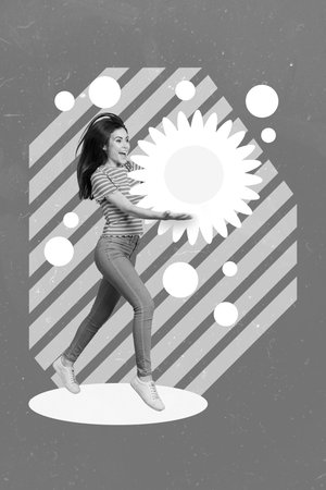 Photo artwork designed collage of young rejoice energetic woman hold big painted daisy flower jump enjoy springtime isolated on drawing backgroundの写真素材