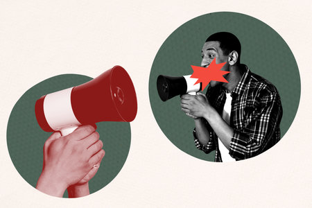 Composite 3D collage trend artwork template design of young man hold loudspeaker democracy opinion vote leader banner strike revolutionの写真素材