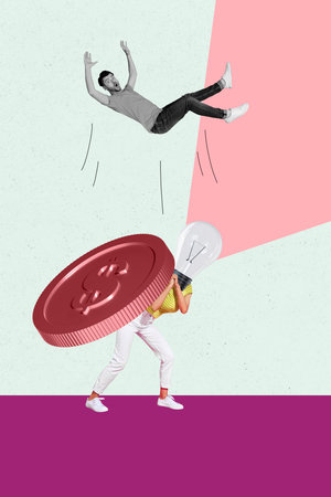 Art image vertical photo collage of astonished man business partner fall girl instead head light...