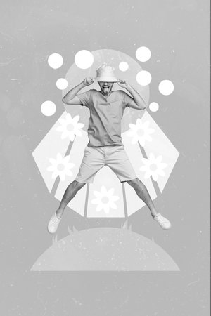 Composite collage of youngster jumping air freedom springtime finally blooming flowers guy wear hat...
