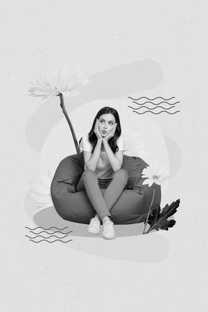 Vertical composite creative photo collage of young lovely funny girl pouted lips touch cheeks sit beanbag bloom flowers isolated on beige backgroundの写真素材