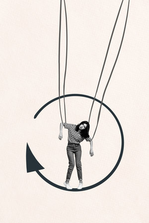 Sketch template design 3D collage composite of hiring occupation workspace recruitment entrepreneur young lady stand cycle arrowの写真素材