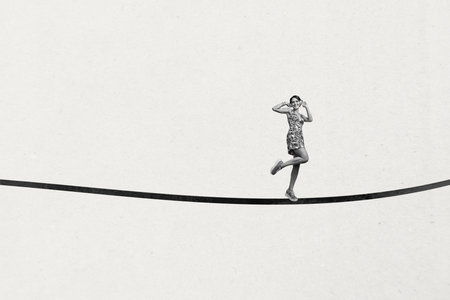 3D photo collage sketch template artwork of job business human resources workspace young lady walk rope balance listen music headphonesの写真素材