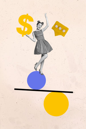 Trend artwork creative sketch photo collage of young lady stand balance hold dollar message savings...