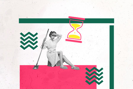 Creative trend artwork design 3D collage sketch of oclock control time work hurry sand clock young...