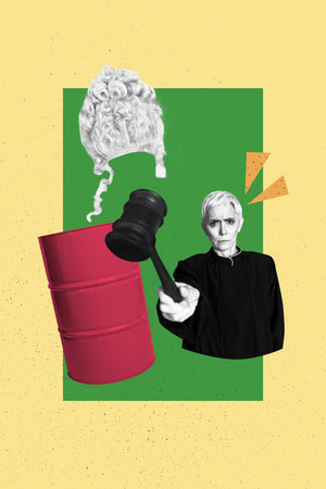 Trend image vertical photo collage of angry woman hold hammer push verdict pink barrel duchess wig