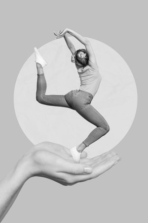 Composite collage photo of young active sportswoman jumping stretching showing flexibility exercise isolated on pink color backgroundの写真素材