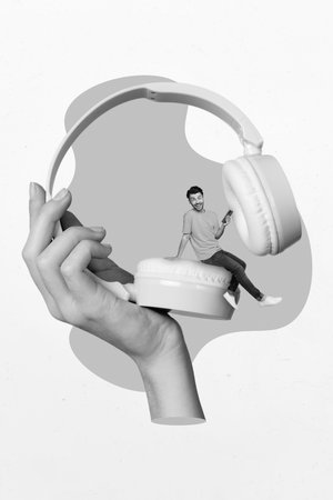 Exclusive magazine picture sketch collage image of funky guy sitting headphones modern device player isolated painting backgroundの写真素材