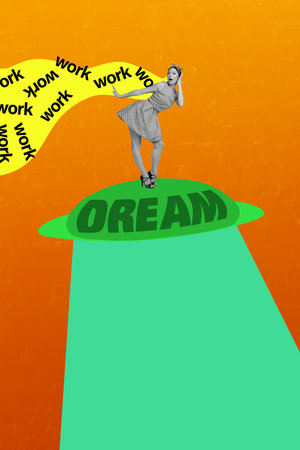 Vertical sketch 3d artwork collage poster of astonished pinup businesswoman stand ufo spaceship dream workload startup bizの写真素材