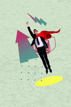 Poster image vertical photo collage of serious businessman wear superhero suit fly arrow pointer purposeful development aimの写真素材