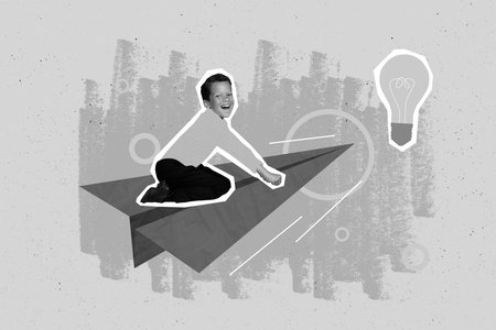 Creative collage picture of excited mini black white effect child flying paper plane light bulb isolated on painted backgroundの写真素材