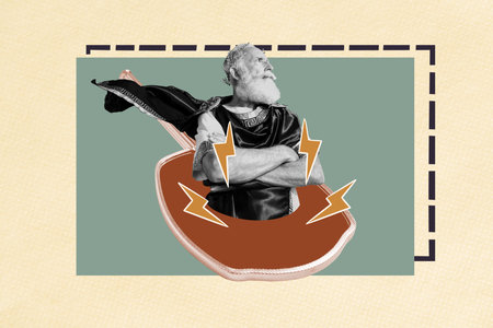 3D photo collage template trend artwork sketch of decor handle mirror aged man antique emperor portrait greek outfit cloakの写真素材