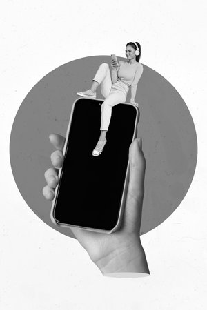 Vertical collage picture of hand hold telephone mini black white colors girl listen music earphones isolated on painted backgroundの写真素材