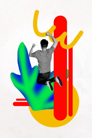 Trend image vertical photo collage of anonym businessman jump back colorful design winning success development career growthの写真素材
