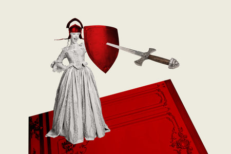 Contemporary art collage of excited duchess girl wear protective steel armor helmet shield sword weapon fight castle battleの写真素材