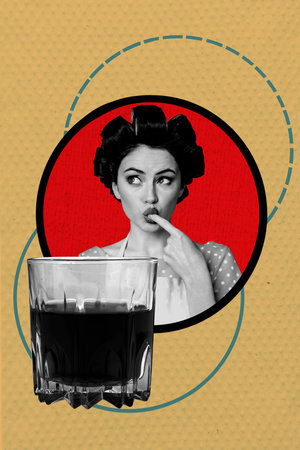 Template poster artwork 3D photo collage of young lady finger taste drink beverage toast club relax vintage style housewifeの写真素材