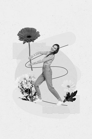 Photo collage artwork of young positive careless positive lady hold red gerbera flower bloom yellow daisy garden isolated on yellow backgroundの写真素材