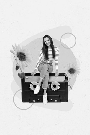 Photo collage of young cheerful positive brunette hair lady sitting retro music cassette springtime...