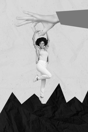 Poster photo artwork minimal collage of young cheerful woman dancer ballerina have fun huge finger show okey isolated on painted blue backgroundの写真素材