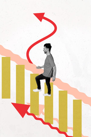 Art vertical photo collage of happy businessman walk chart statistics arrow pointer career growth concept development pathの写真素材
