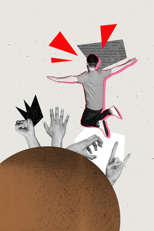 Poster image vertical photo collage of anonym man jump crowd people show hands gesture fist horns support revolution conceptの写真素材