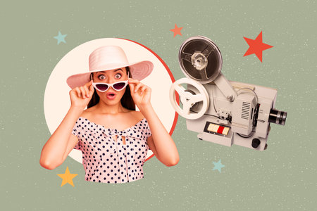 Exclusive art banner collage of shocked girl hold sunglass wear glamour hat pose retro video camera shooting rec paparazziの写真素材
