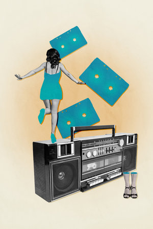Creative artwork template sketch image 3D collage of young lady dance boombox legs stand wear shoes...