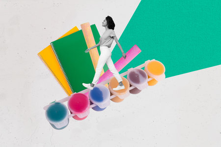 Composite art 3d creative image collage of happy girl artist walk colorful gouache paint palette colors art subject coercesの写真素材