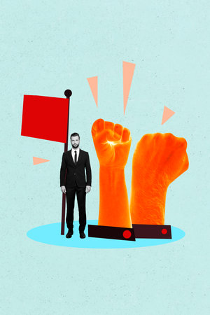 Art image vertical photo collage of serious man president stand red flagpole hands crows show fist...