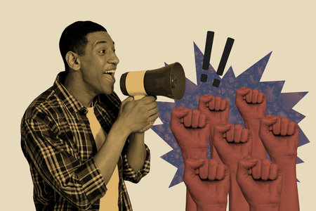 Trend artwork banner sketch 3D photo collage of young guy hand hold loudspeaker crowd fist up...
