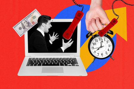 Creative design composite trend artwork collage of laptop display man scream landline phone click deadline hiring recruitment entrepreneurの写真素材