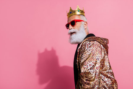 Photo of aged man profile turn around wear glamour leopard print clothes isolated on pink color...