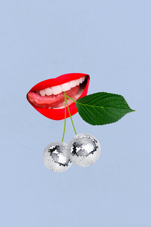 3D collage design composite trend artwork sketch of huge mouth lips makeup red color lipstick cherry...
