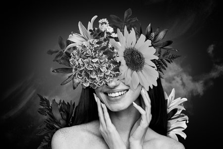 Creative banner poster collage of dream lady with bunch flowers touch face symbolize mother earth