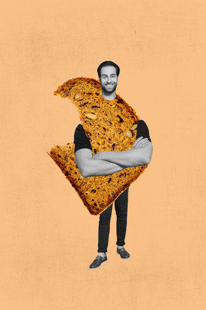 Trendy 3d composite art photo collage of happy man big crossed hands instead body bitten grained bread piece loaf diet on beige backgroundの写真素材