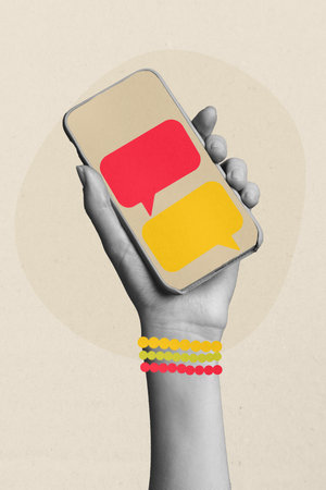 Vertical trend artwork sketch image collage of hand hold phone device screen message notification icon chatterbox communicationの写真素材