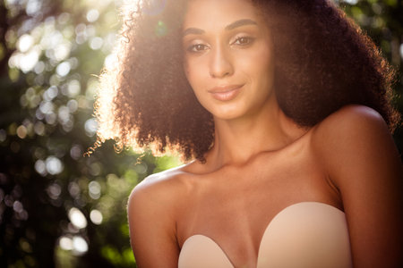 Close up photo of adorable charming gentle lady sunny summer day sunlight outdoors
