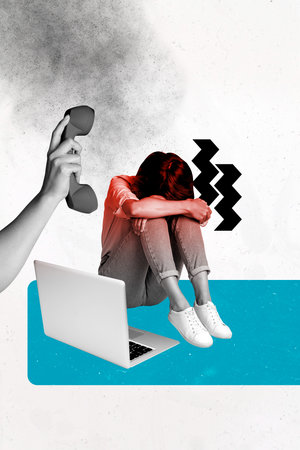 Vertical art creative trend collage of upset employee girl cry hug knee hand hold telephone handset call center workload laptopの写真素材